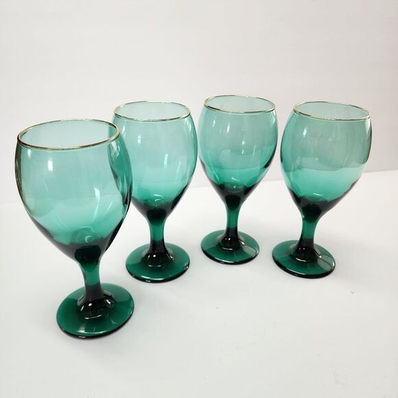 Vintage Libbey Green Goblet Wine Glasses with Gold Trim Set of 4 - Picture 1 of 5